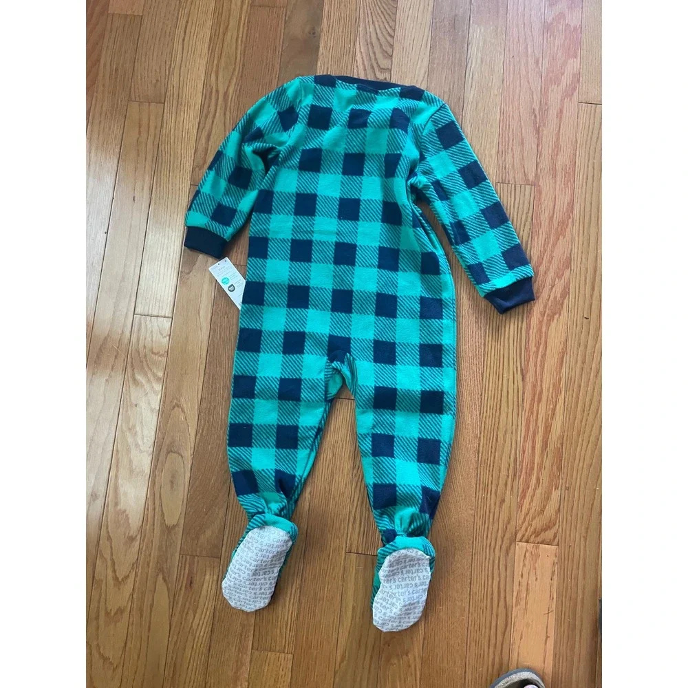Carters 24M Teal Navy Buffalo Check Yeti Fleece Footed Sleeper Pajamas NWT